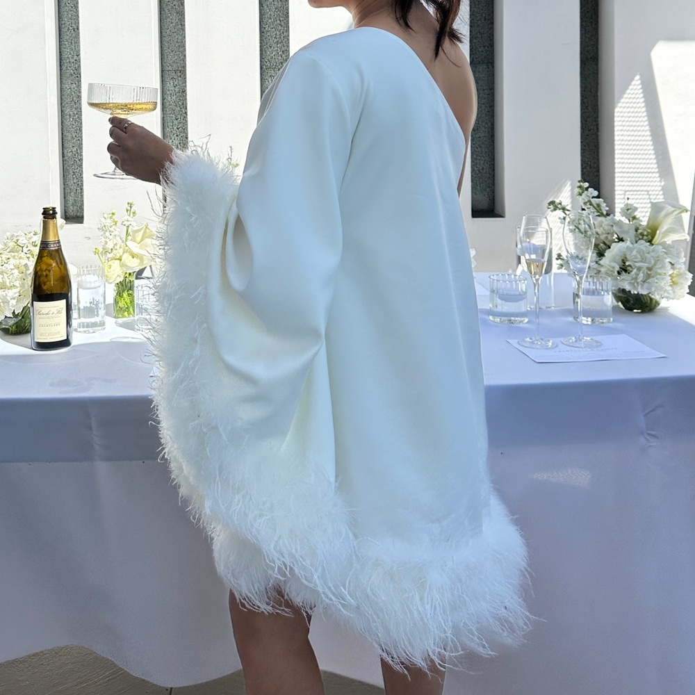White One-Shoulder Dress W Feather Trim - Picture 5 of 6